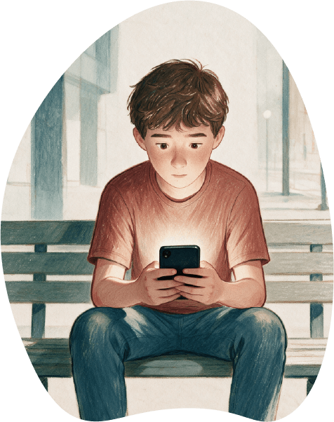 Un ragazzo seduto da solo su una panchina, con lo sguardo fisso sullo smartphone